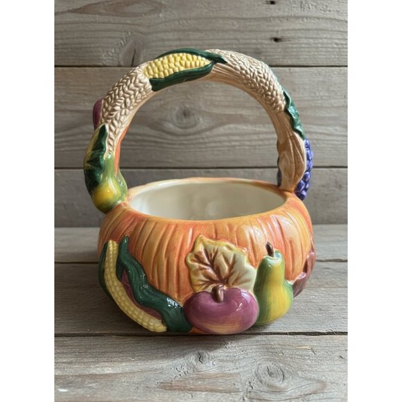 Earthenware Harvest Basket – Ceramic Fall Centerpiece (with Original Box!) - Picture 2 of 5